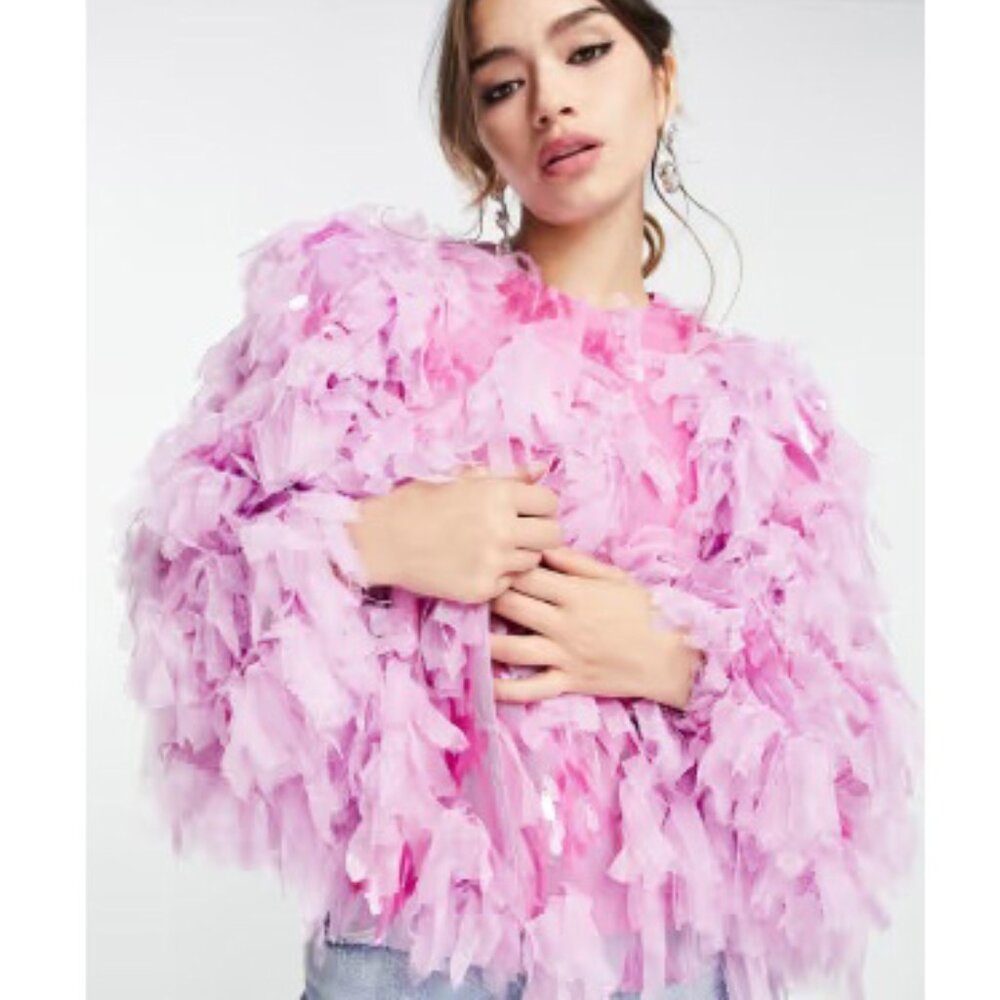 💥SHOWSTOPPER💥Jazzy 20's Flapper Style Fluffy Tiered Sequined Jacket in Pink - Picture 2 of 16